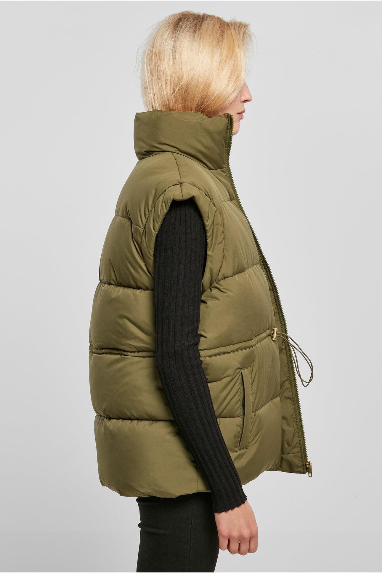 LADIES WAISTED PUFFER VEST OLIVE 3
