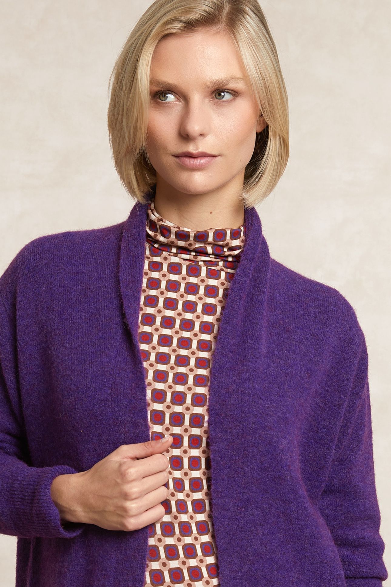LONG V-NECK JERSEY CARDIGAN APPLIED POCKETS PURPLE 4