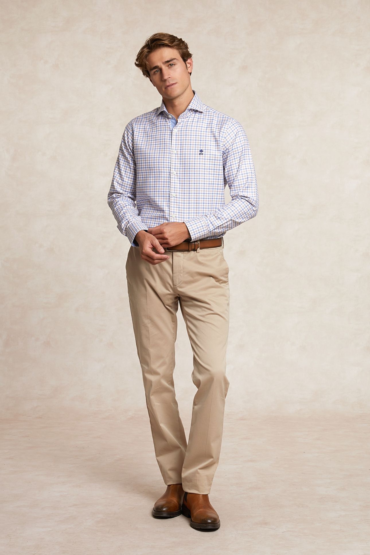 CUSTOM FIT COTTON CHECKED SHIRT BROWN/BLUE 1
