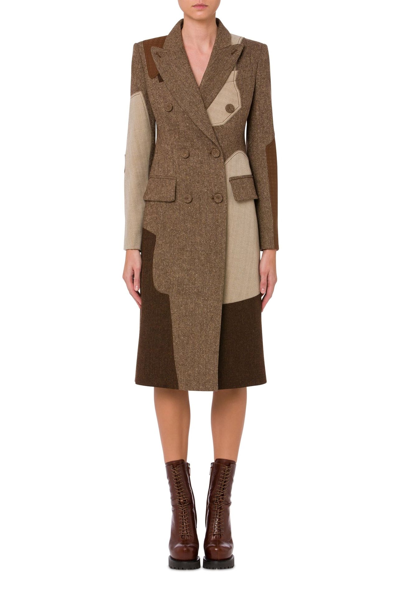 PATCHWORK WOOL BLEND COAT BROWN 1