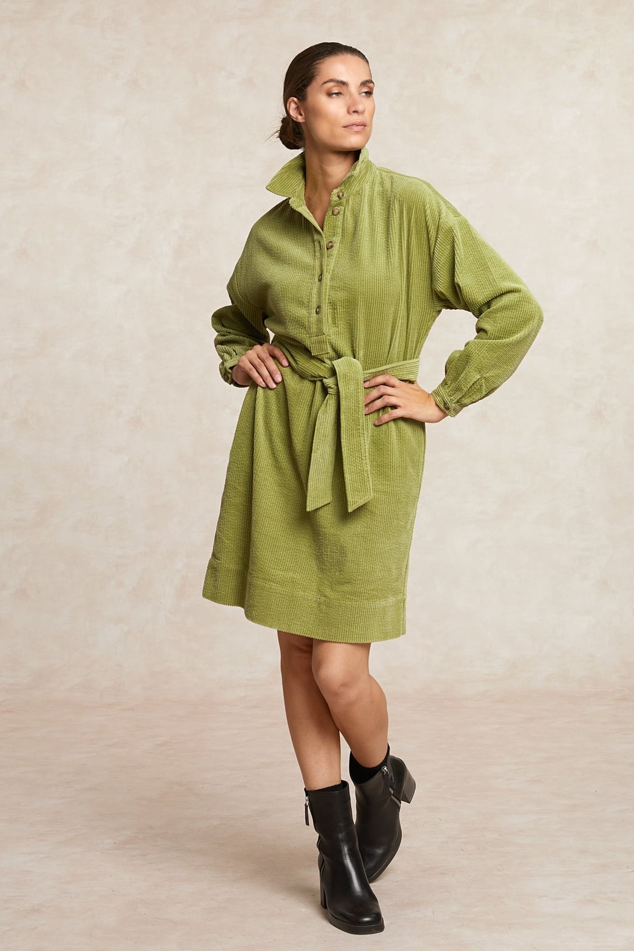 BELTED CORDUROY DRESS WITH BUTTONS OLIVE GREEN 1