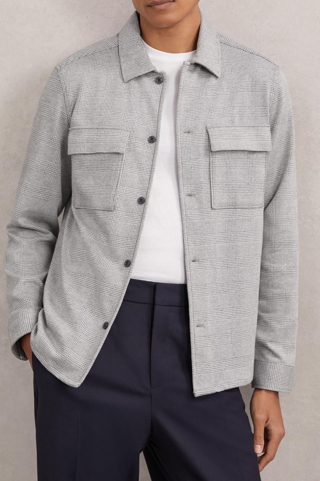 LS JERSEY CHECK TWIN POCKET OVERSHIRT SOFT GREY 1