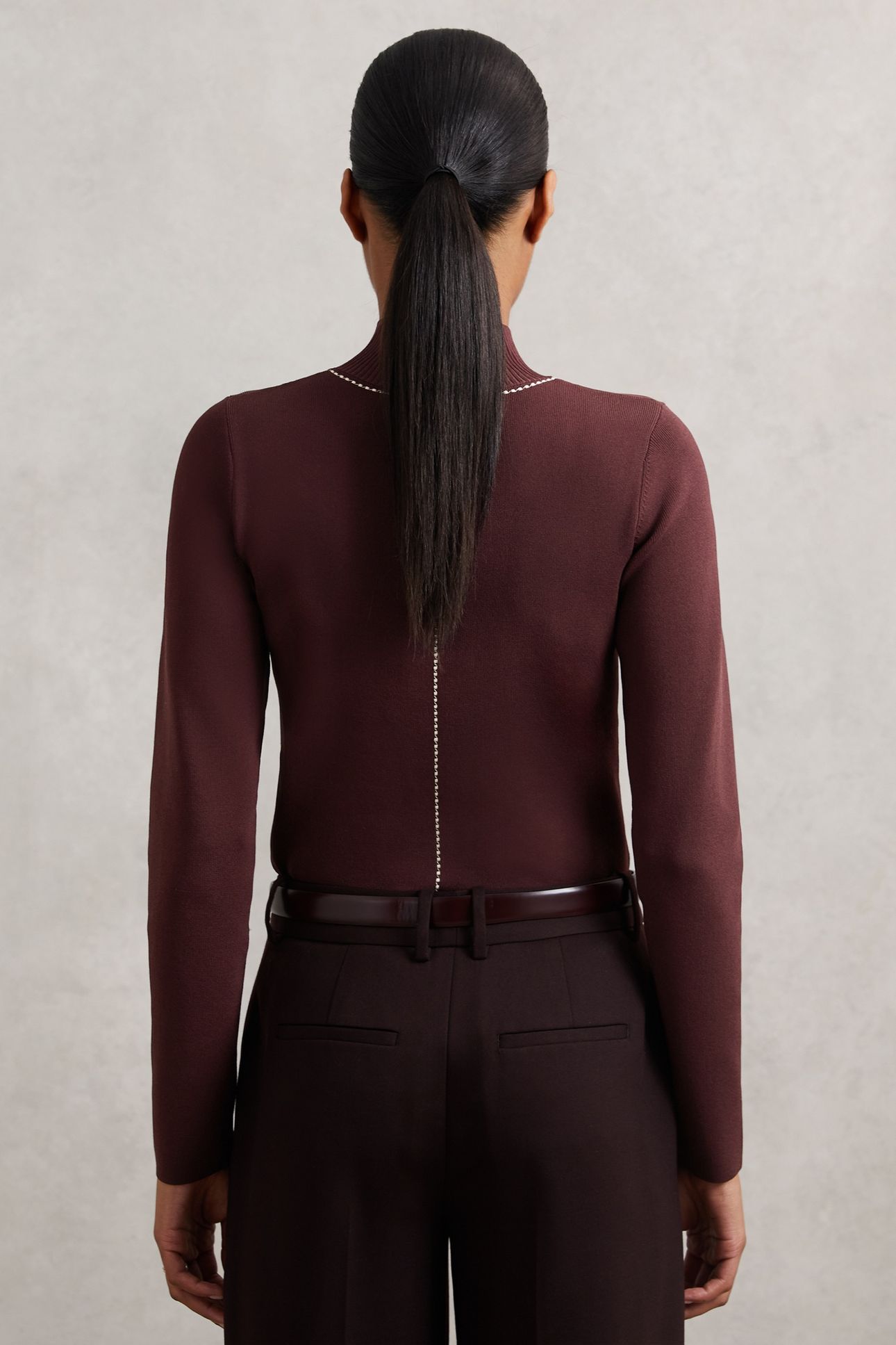 STITCH FRONT FUNNEL JUMPER BURGUNDY/CAMEL 2