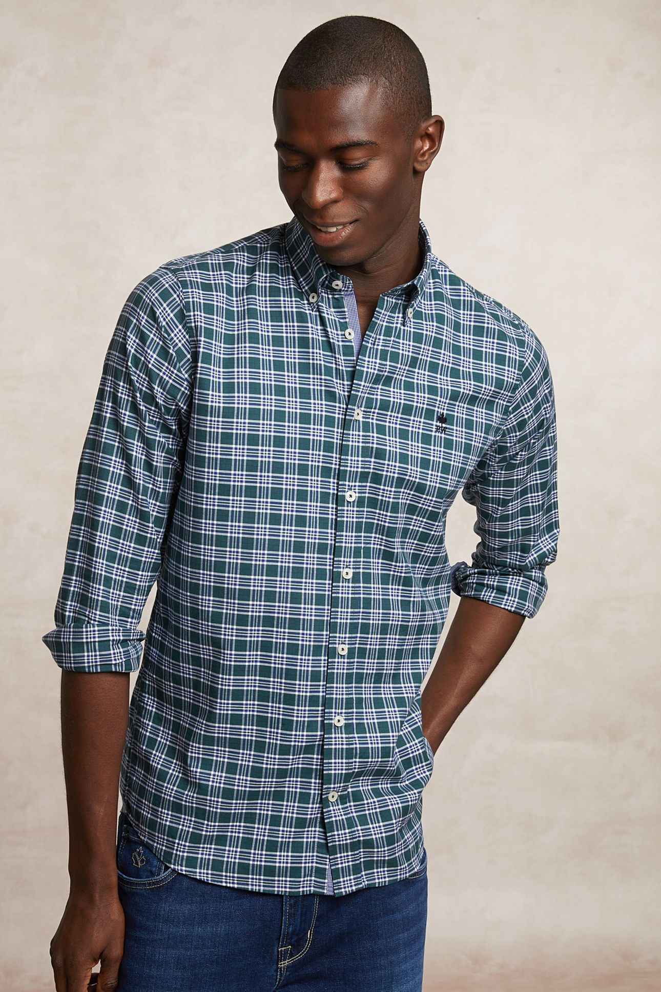 CUSTOM FIT COTTON CHECKED SHIRT KHAKI/WHITE 3