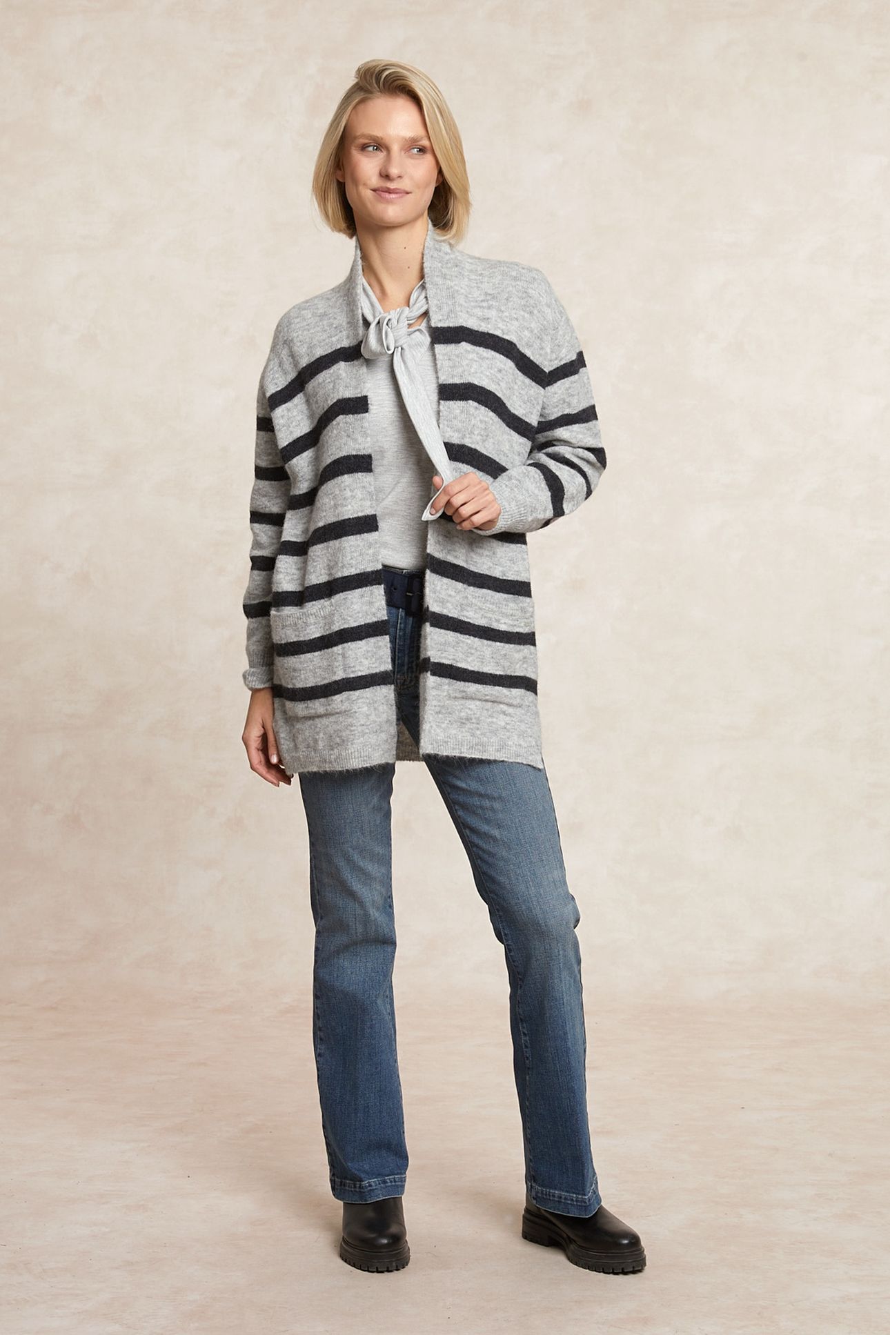 LONG STRIPED V-NECK JERSEY CARDIGAN APPLIED POCKETS BLACK/GR 3