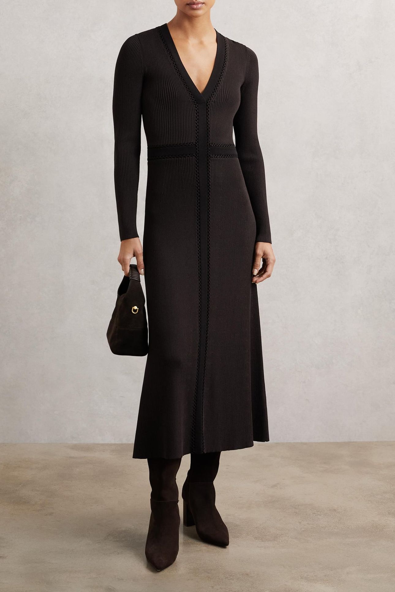 CRAFT DETAIL KNITTED MIDI DRESS CHOCOLATE BROWN/BLACK 1