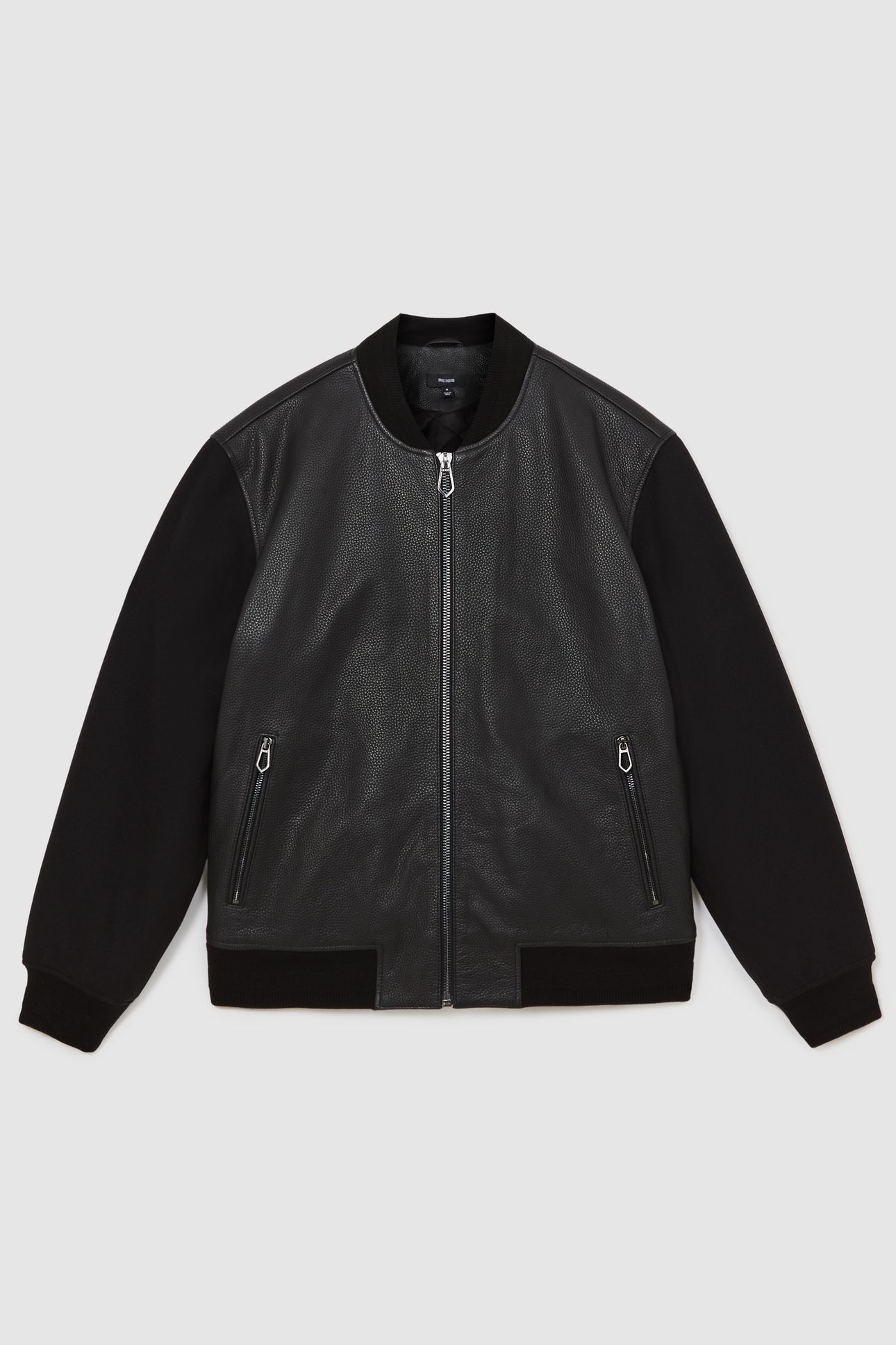 LS LEATHER WOOL SLEEVE BOMBER JACKET BLACK 1