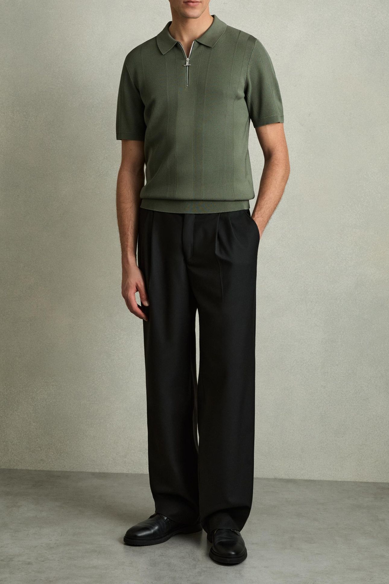 SS HALF ZIP TEXTURED KNITTED POLO HERB GREEN 1