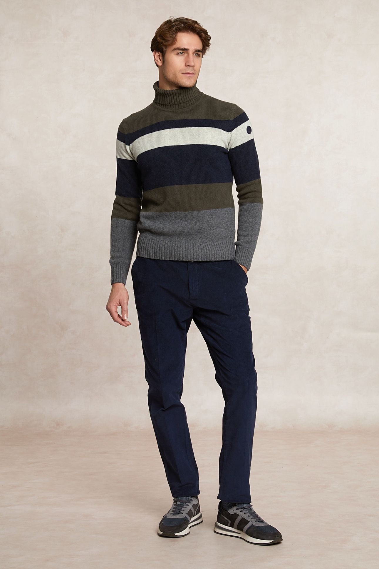 SLIM FIT FANCY STRIPED VIRGIN WOOL ROLL NECK SWEATER OLIVE M 1