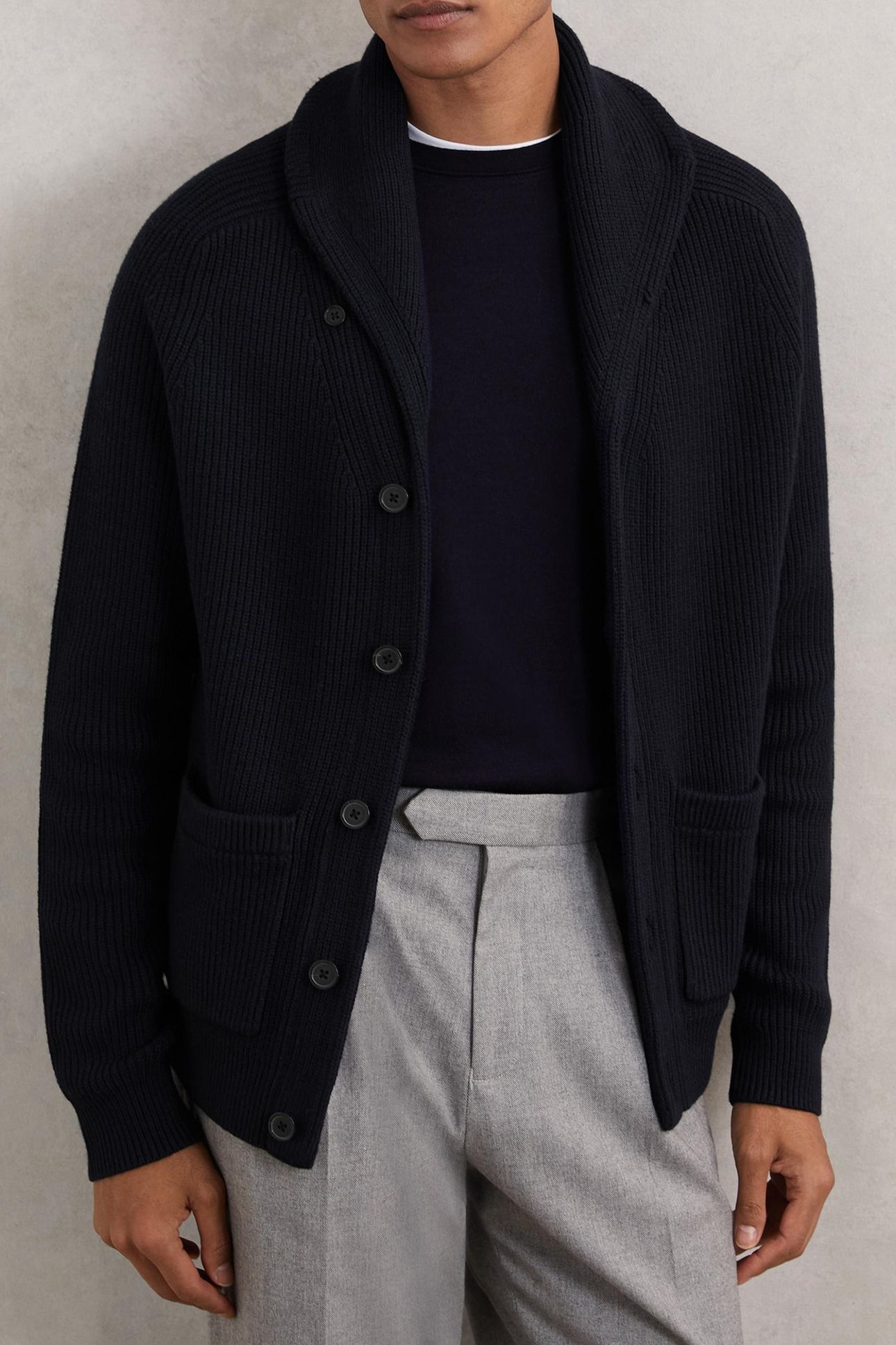 LS SHAWL COLLAR RIBBED CARDIGAN NAVY 2