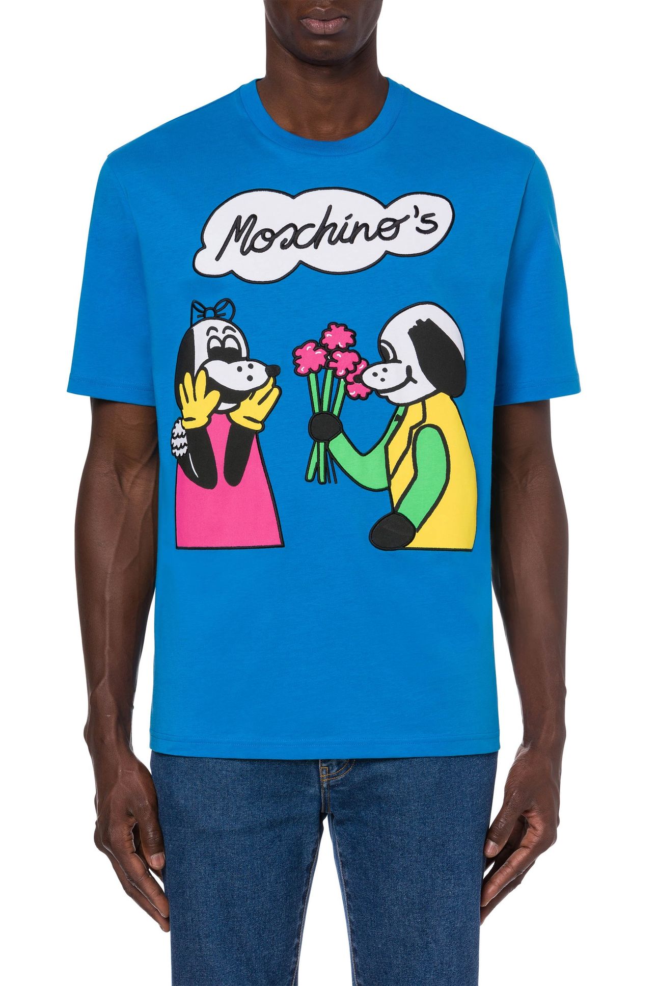 MOSCHINO COMICS CHARACTERS ORGANIC JERSEY T-SHIRT BLUE 1
