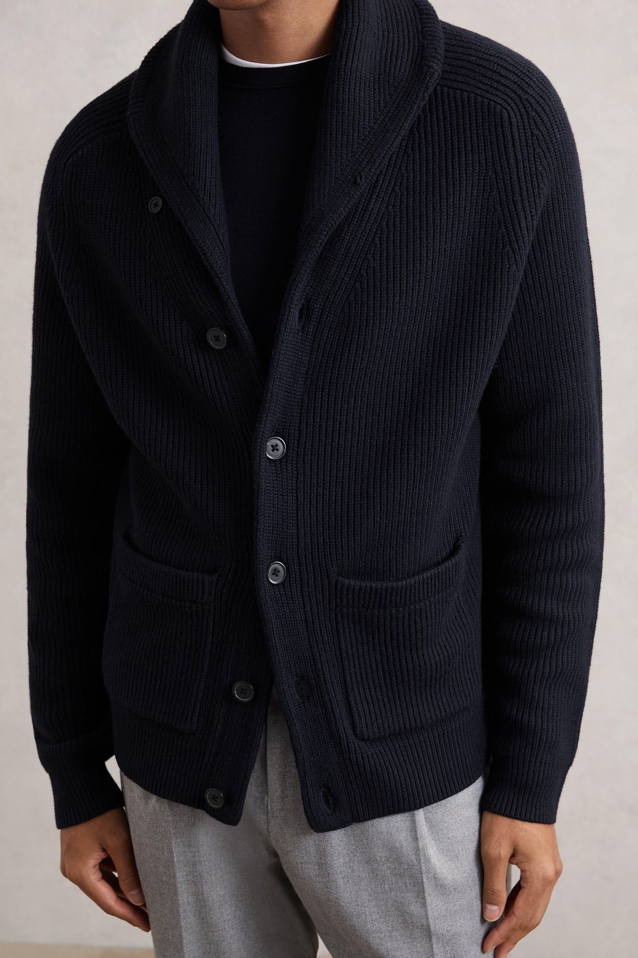 LS SHAWL COLLAR RIBBED CARDIGAN NAVY 1