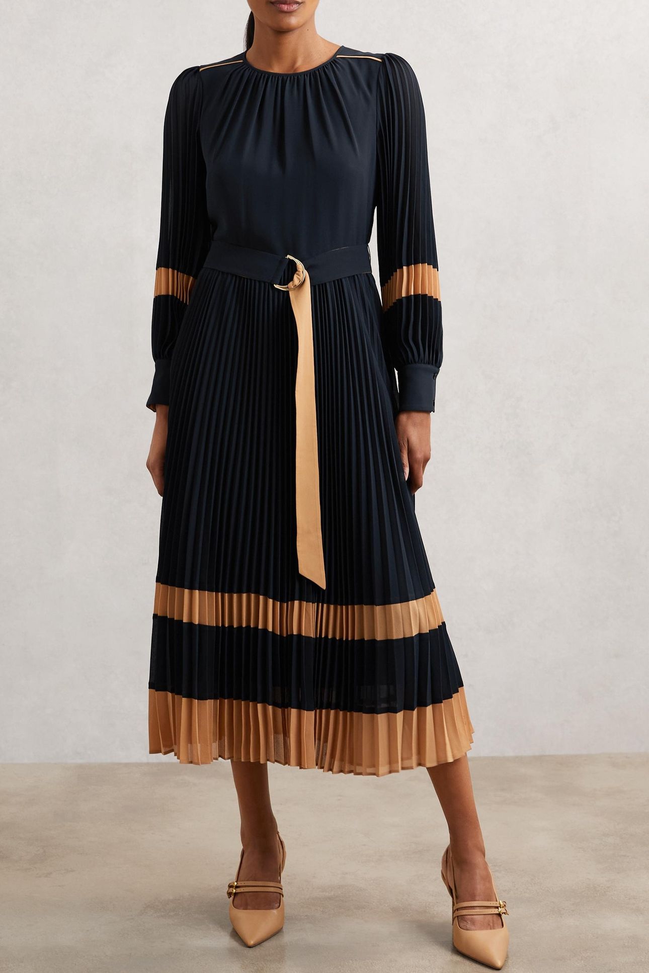COLOUR BLOCK PLEATED DRESS NAVY/CAMEL 1