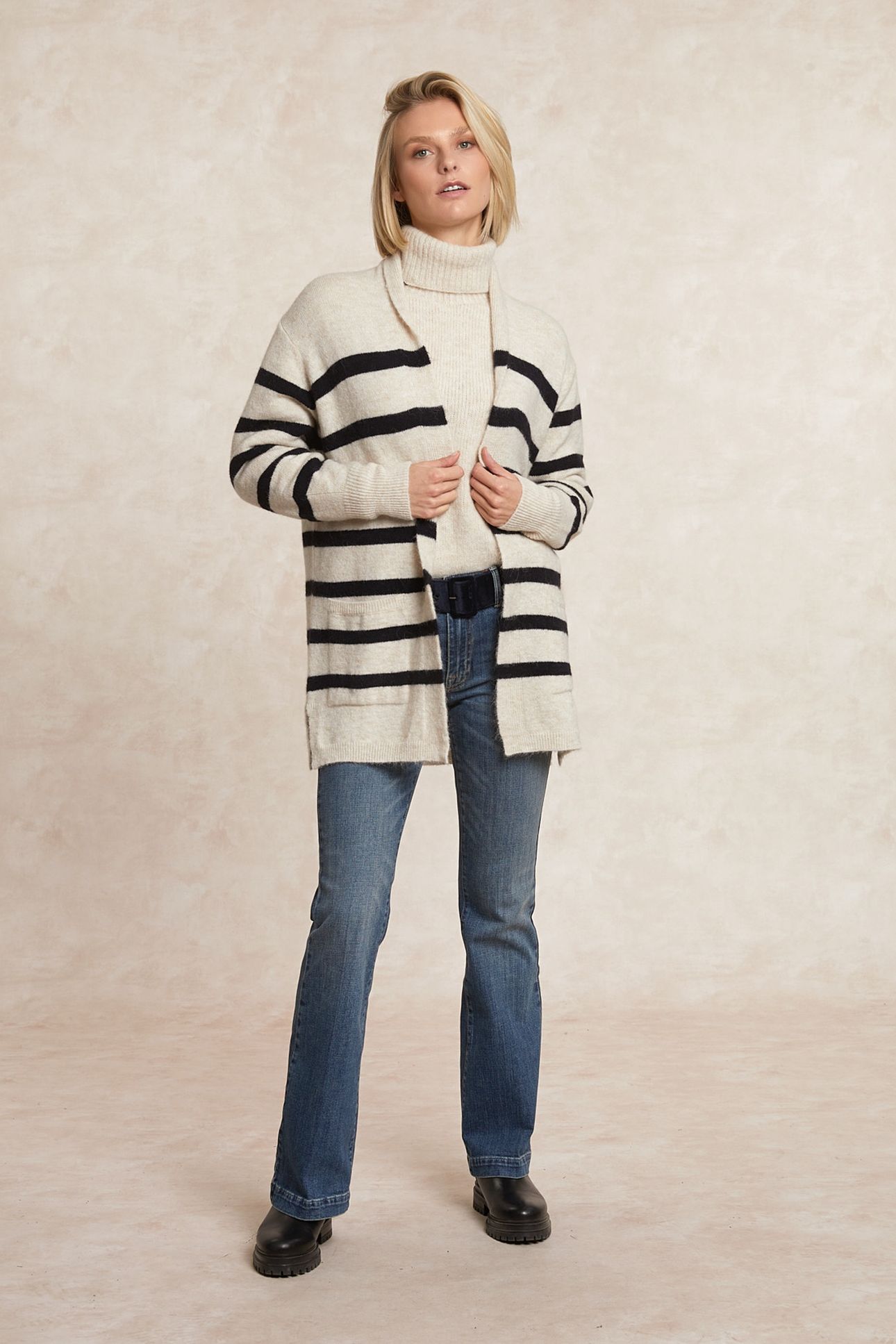 LONG STRIPED V-NECK JERSEY CARDIGAN APPLIED POCKETS OFF WHIT 3