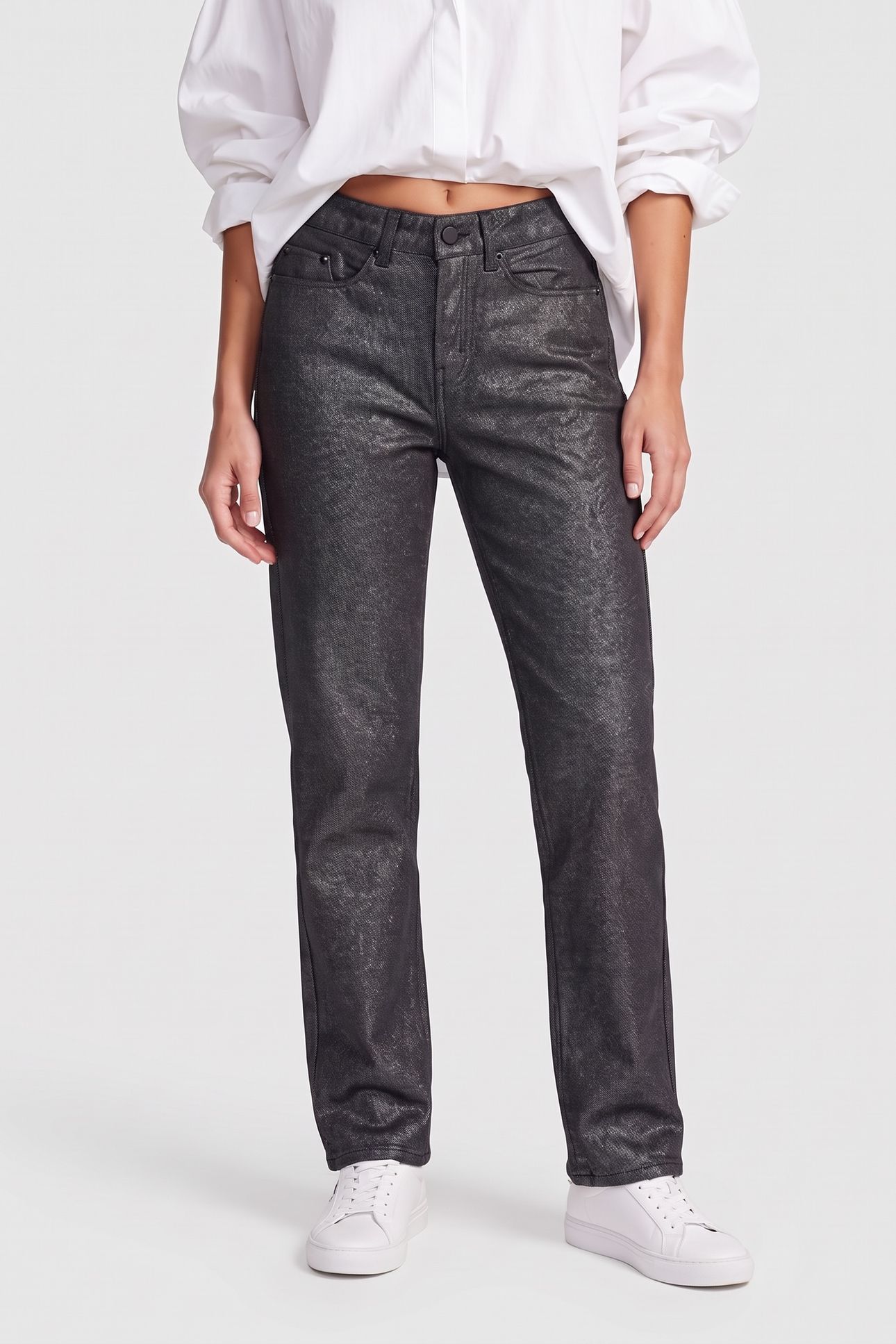 STRAIGHT GLITTER COATED DENIM GUNMETAL DENIM 1