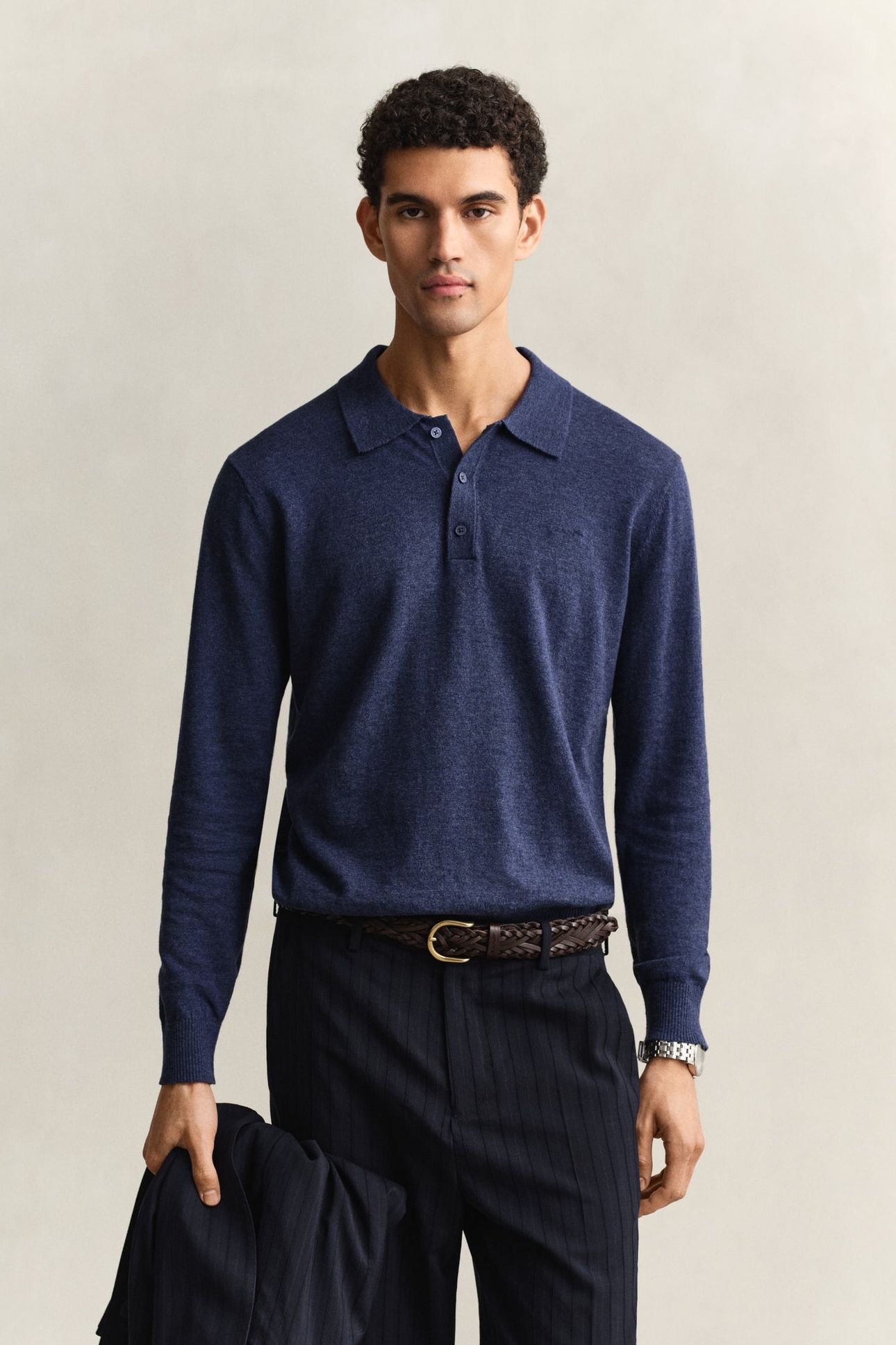 SLUB COTTON LINEN POLO DARK INDIGO MELANGE 2