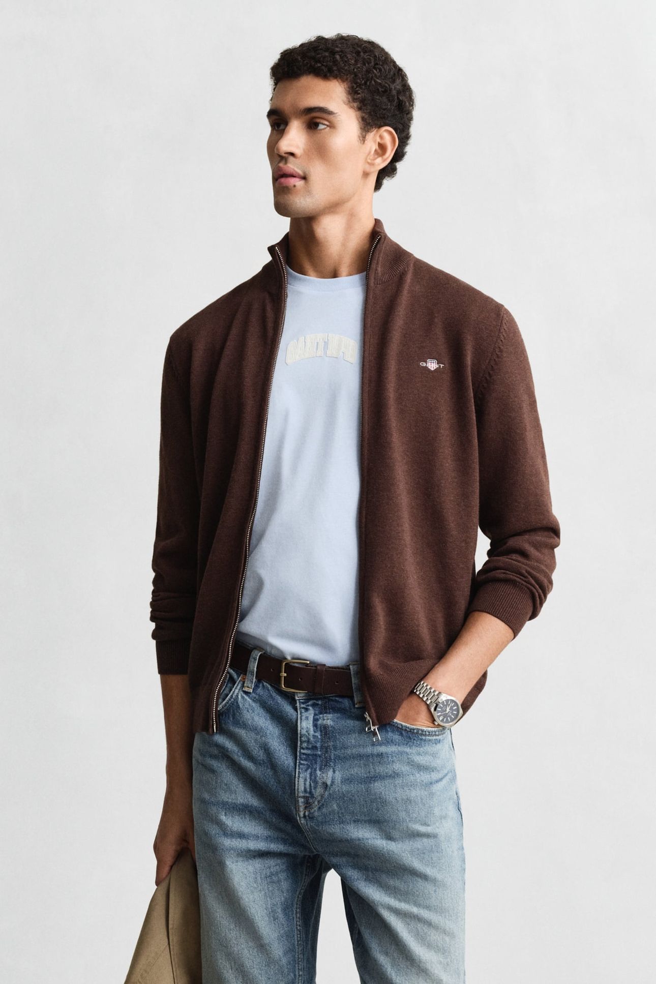 COTTON KNIT ZIP CARDIGAN BROWN MELANGE 1