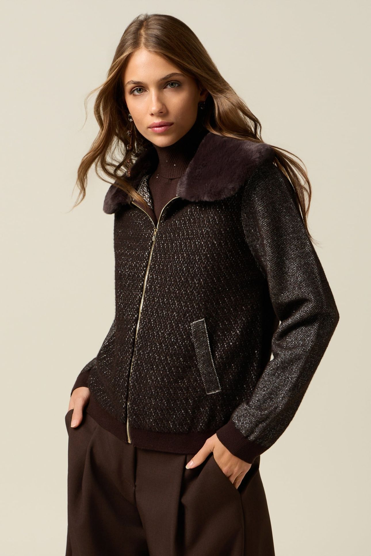 MIXED WOOL KNIT BOMBER WITH PLUSH EFFECT COLLAR BROWN 1