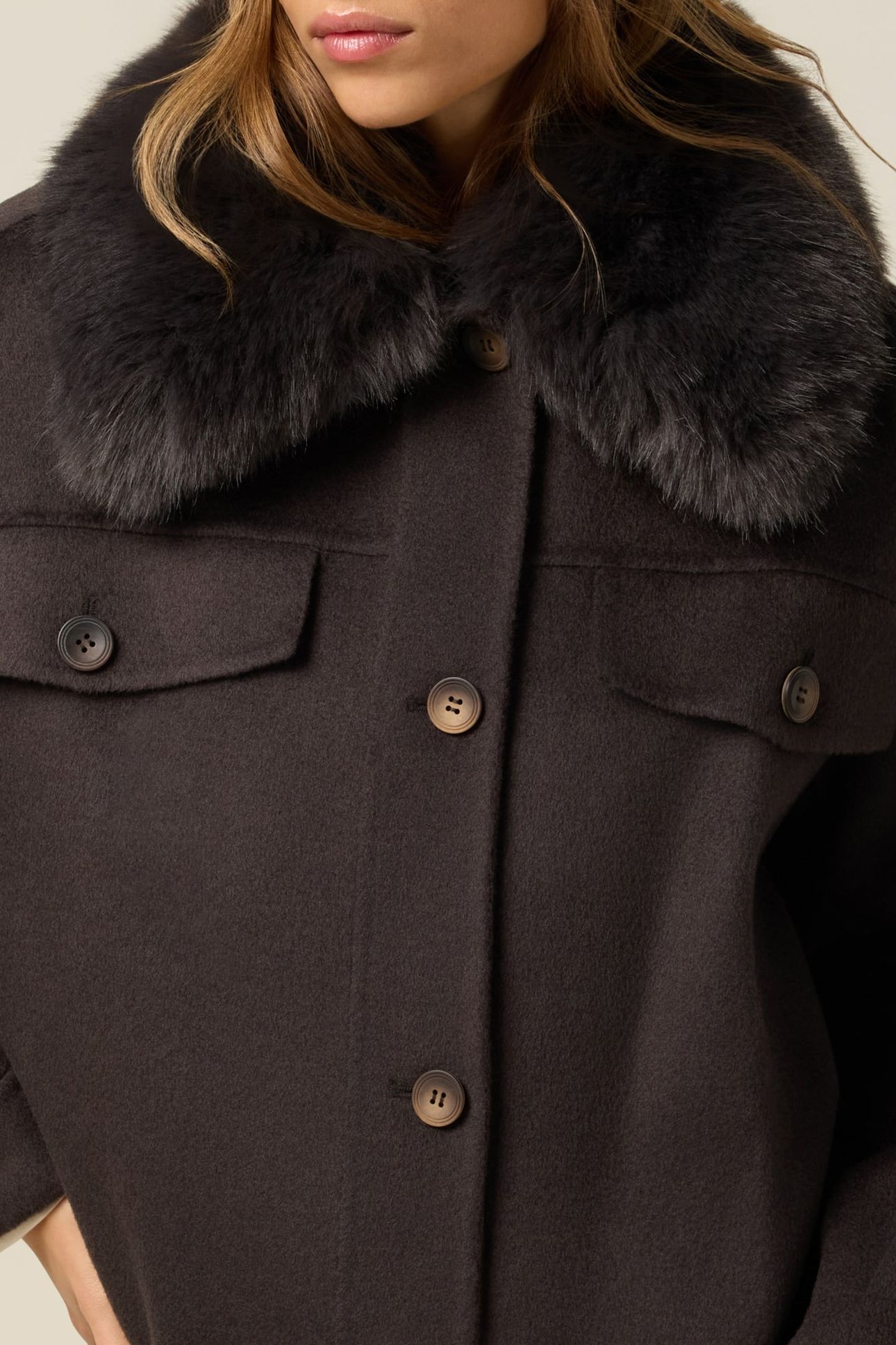 SHORT MIXED WOOL COAT WITH FURRY COLLAR BROWN 4