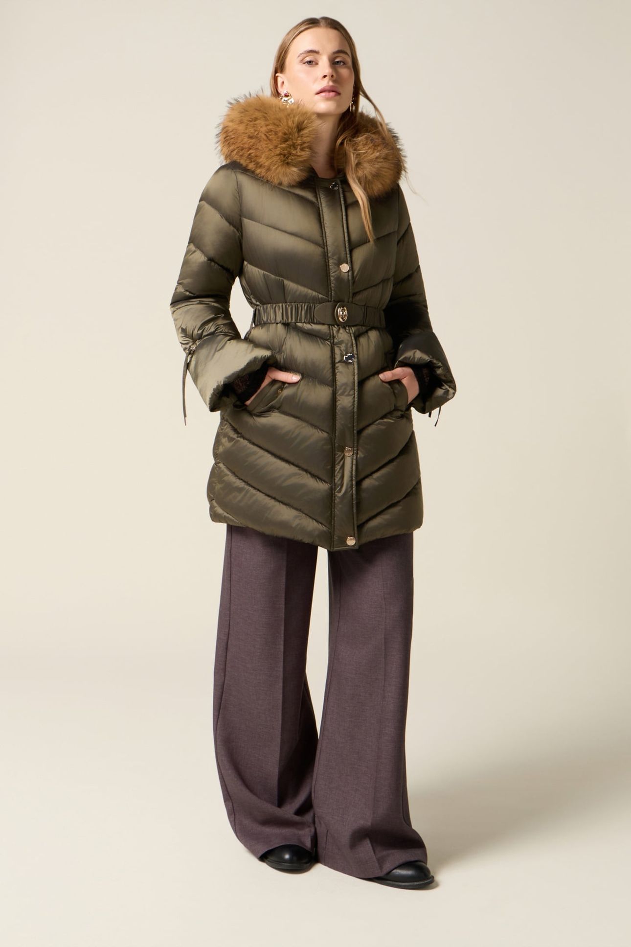 MIDI DOWN JACKET WITH BELT MILITARY GREEN 1