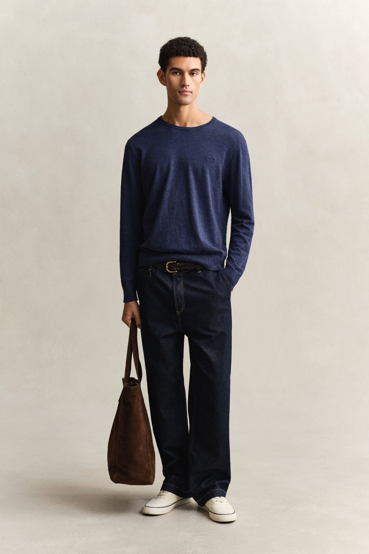 SLUB COTTON LINEN C-NECK DARK INDIGO MELANGE 3