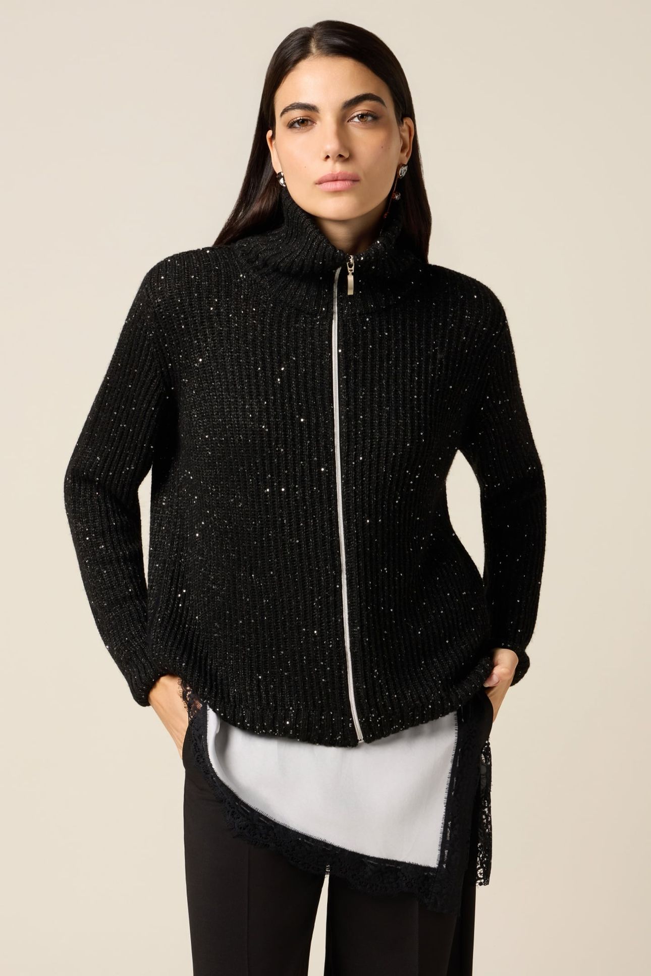 CARDIGAN WITH ZIP AND MICRO SEQUINS BLACK 1