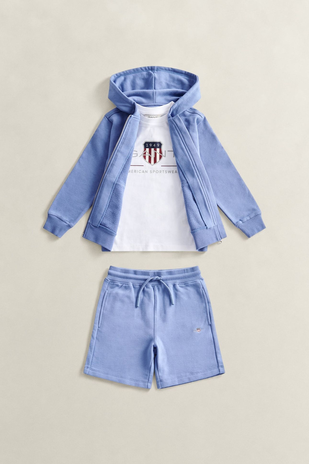 KIDS BOYS SHIELD ZIP HOODIE, TEE & SHORT SET FADED DENIM 1
