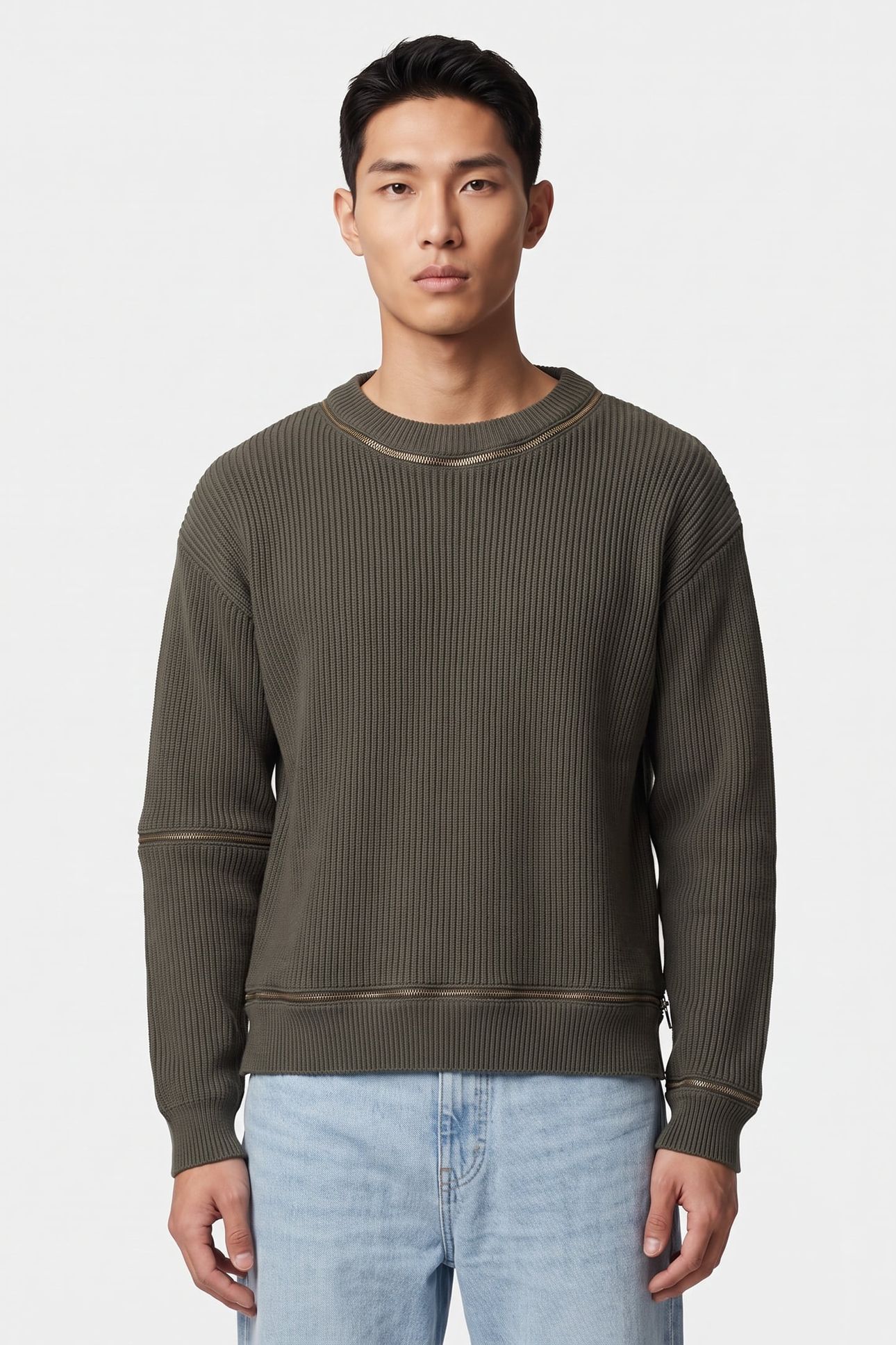 RIBBED WOOL PULLOVER WITH ZIP GREEN 1