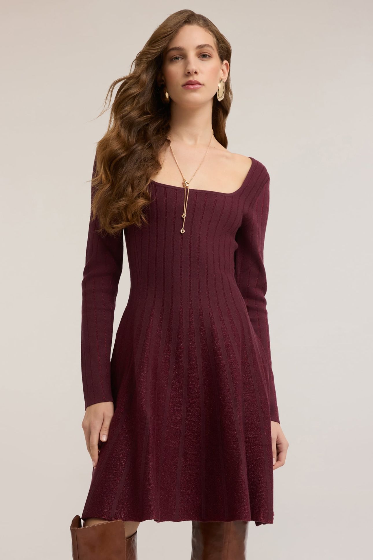 FLARE DRESS IN MIXED LUREX KNIT BURGUNDY 2