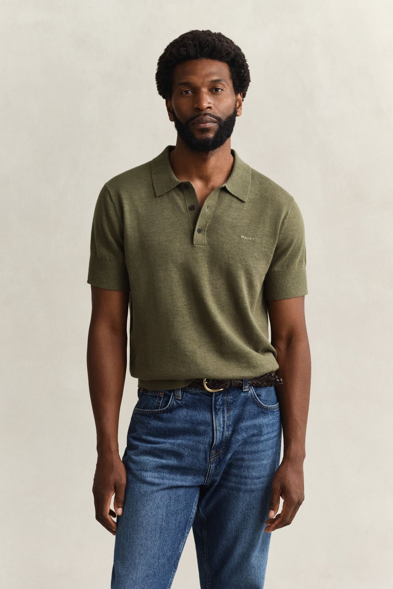 SLUB COTTON LINEN SS POLO DRY HERB GREEN 1