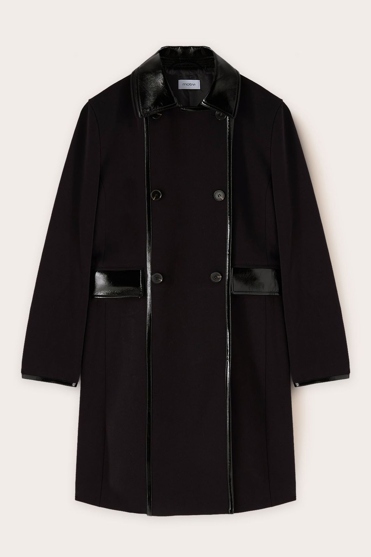 POLYVISCOSE COAT WITH PATENT LEATHER INSERTS BLACK 5