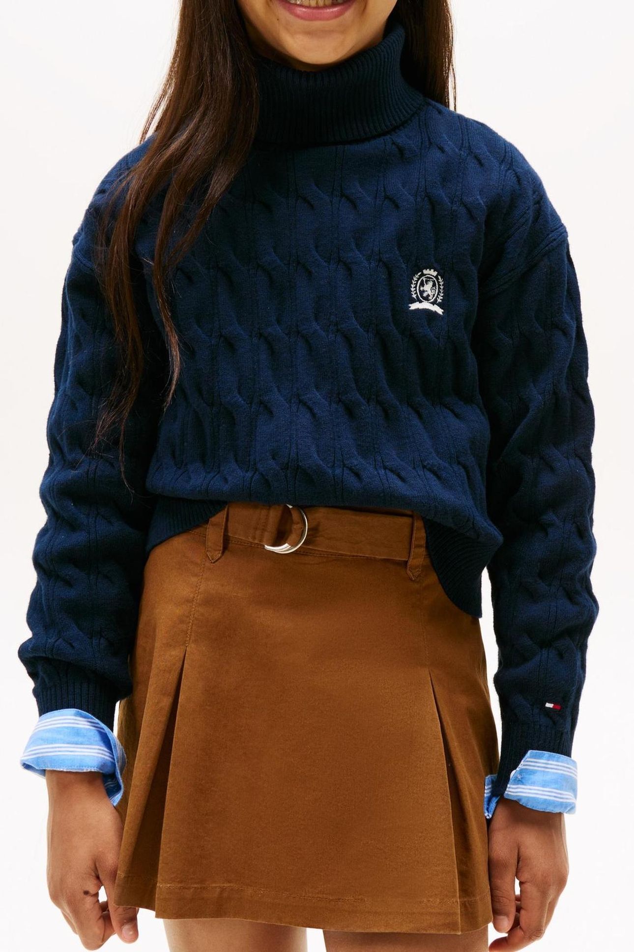 GIRLS CREST CABLE TURTLE NECK DARK NIGHT NAVY 1