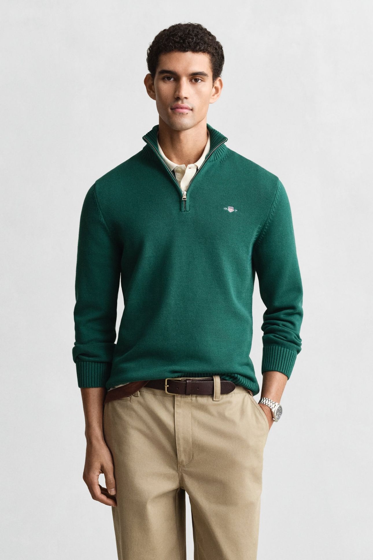 COTTON KNIT HALF-ZIP SWEATER DEEP FOREST GREEN 1