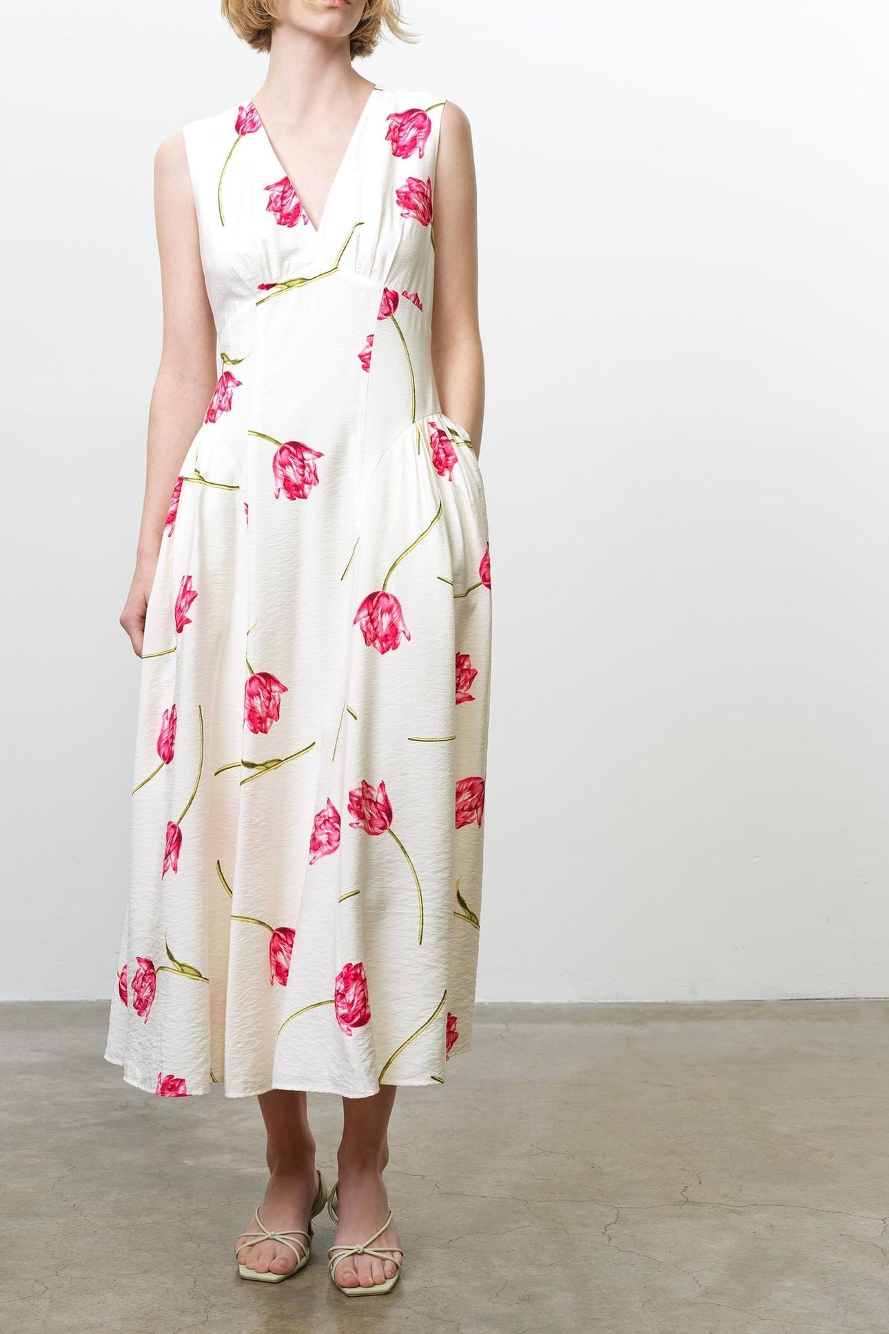 CRESSIDA FARON DRAPE MIDI DRES IVORY/PINK MULTI 1