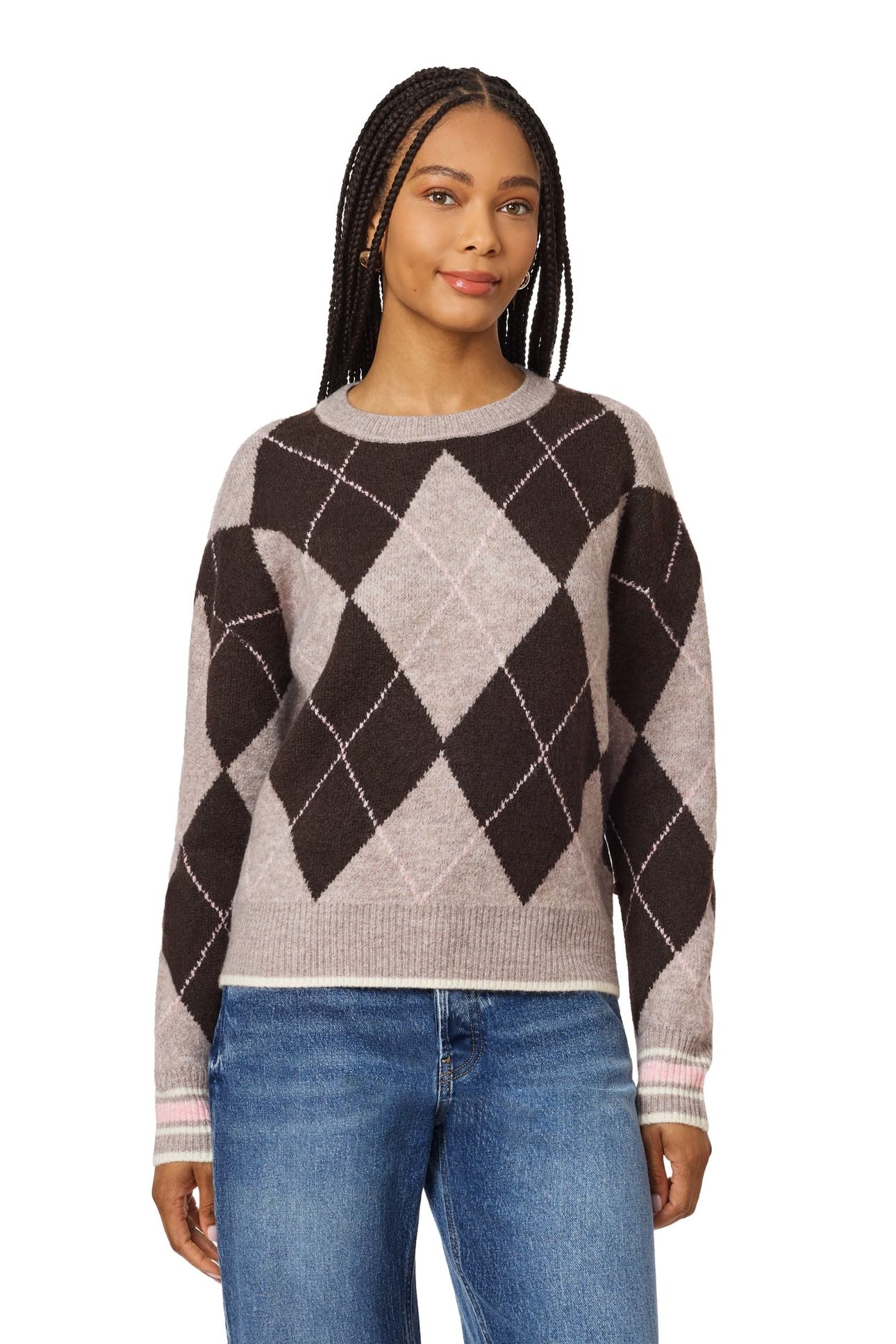 PULLOVER SWEATER MED BROWN HT/ SEAL BROWN/ ROSE DUST HT 7