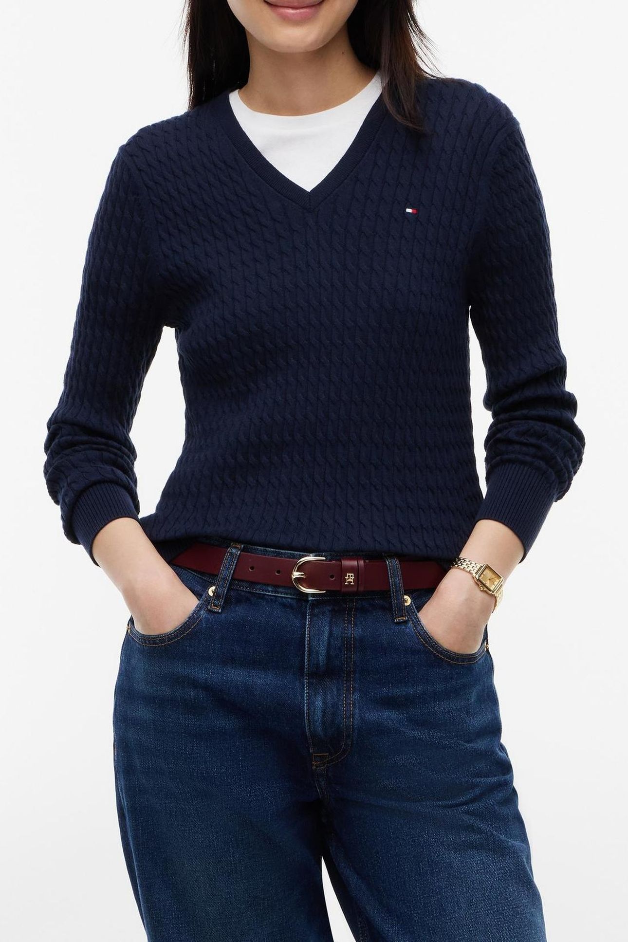 CO CABLE FINE GG V-NECK DARK BLUE 3