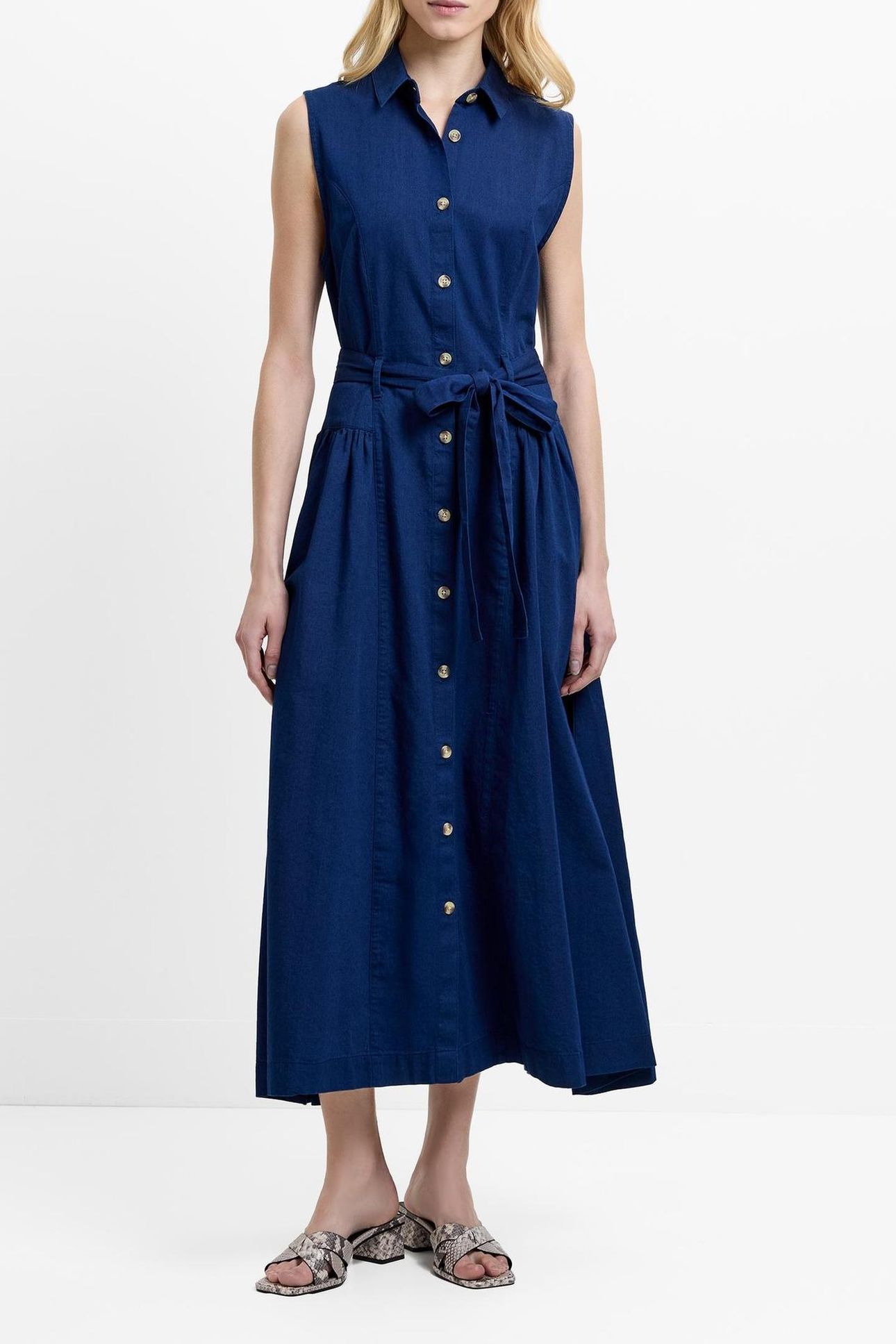 ZAVES CHAMBRAY BELTED MIDI DRS DARK WASH 1
