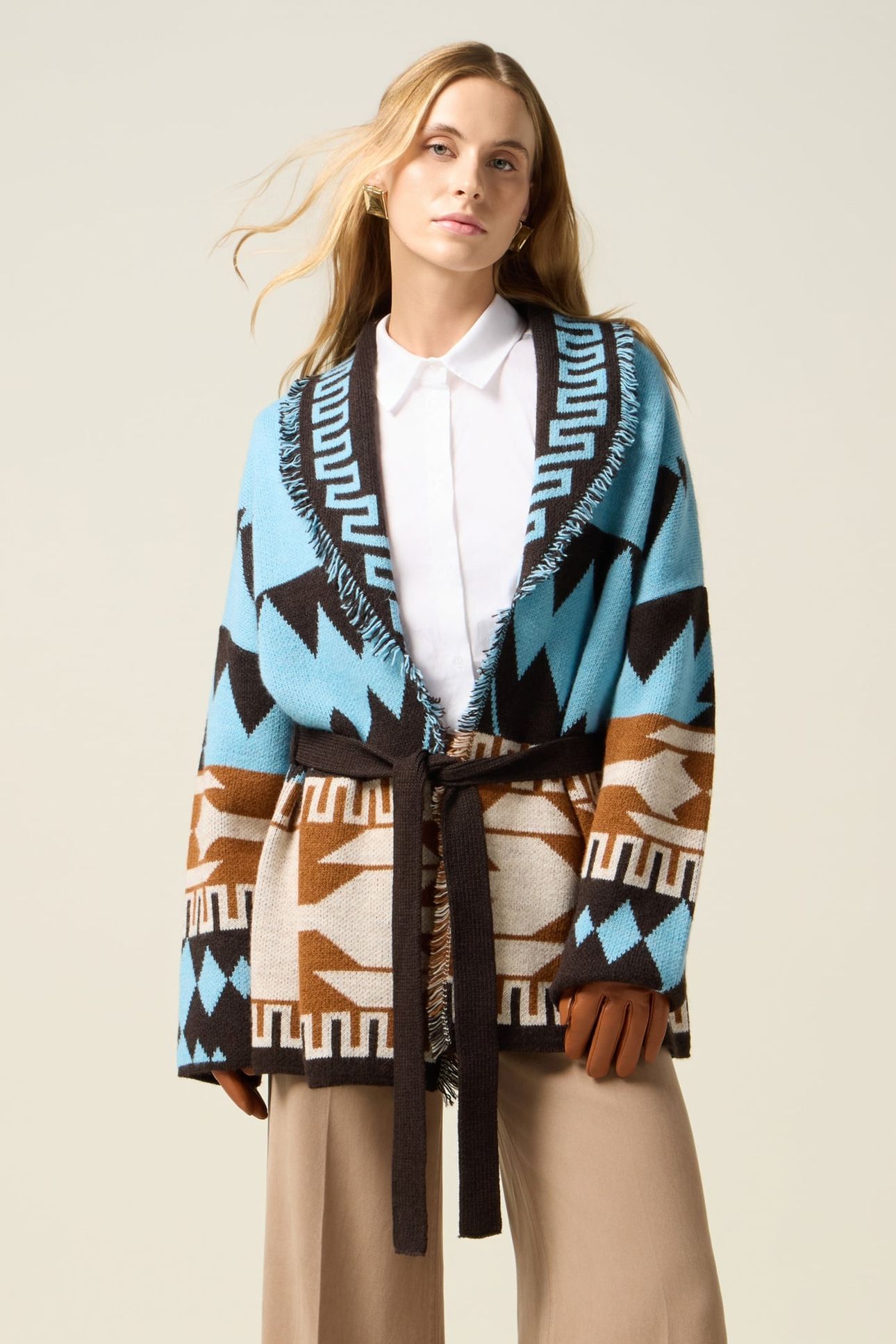 JACQUARD CARDIGAN WITH FRINGES LIGHT BLUE 1