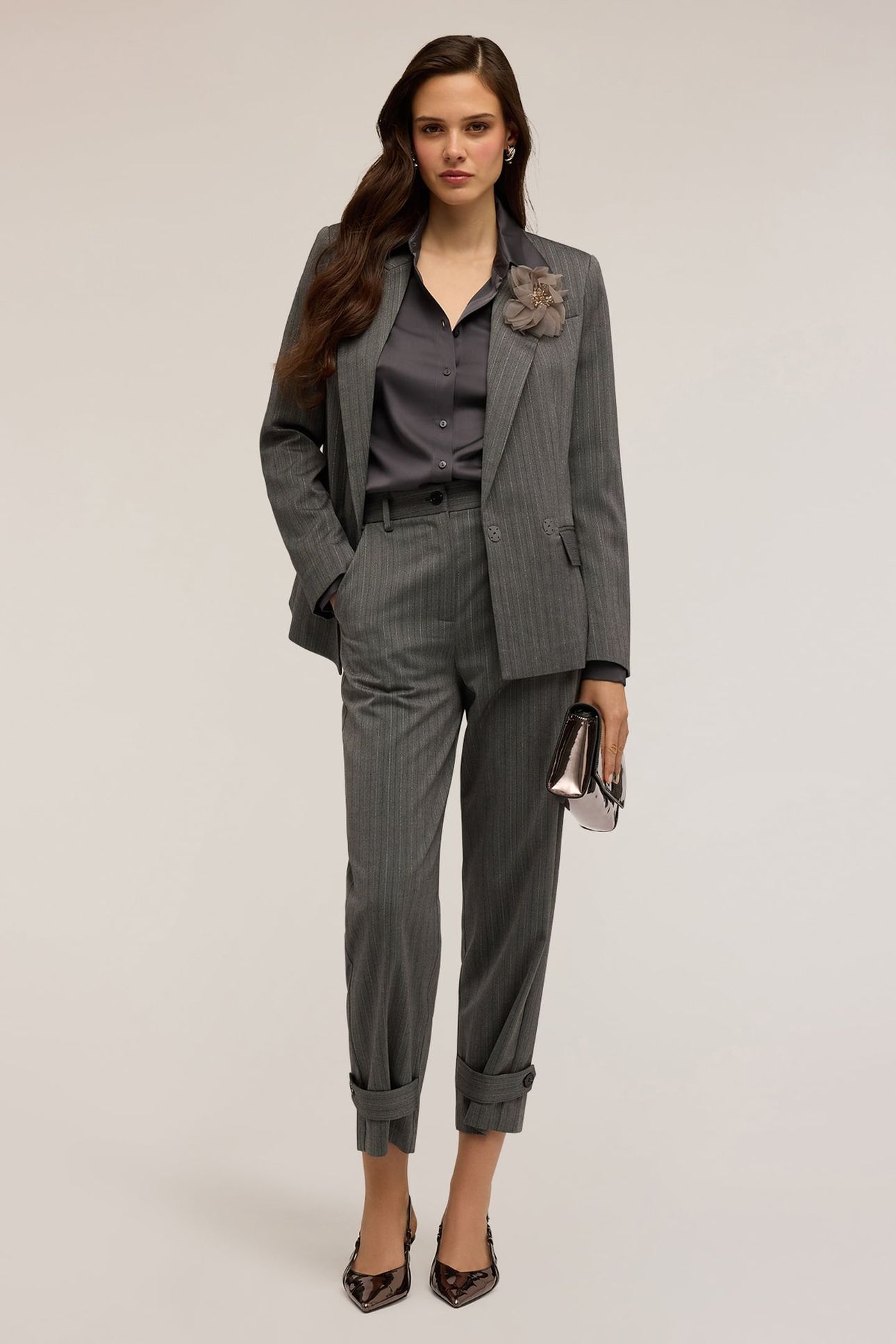 PINSTRIPE LUREX TROUSERS WITH WAISTBAND GREY 1