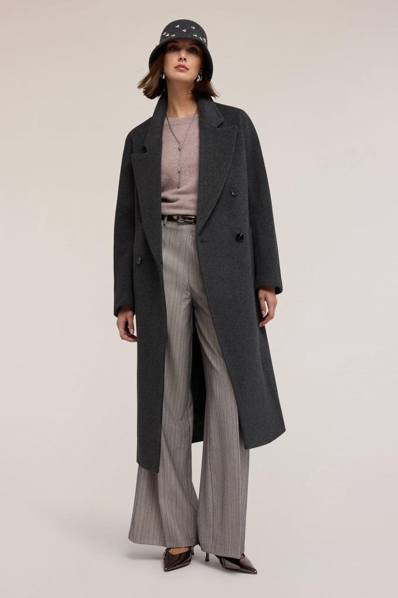 DOUBLE-BREASTED COAT IN WOOL BLEND DRAP GREY 1