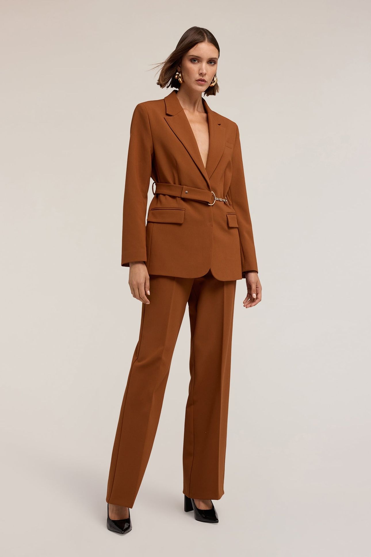 POLYESTER-VISCOSE BLAZER WITH BELT BROWN 1