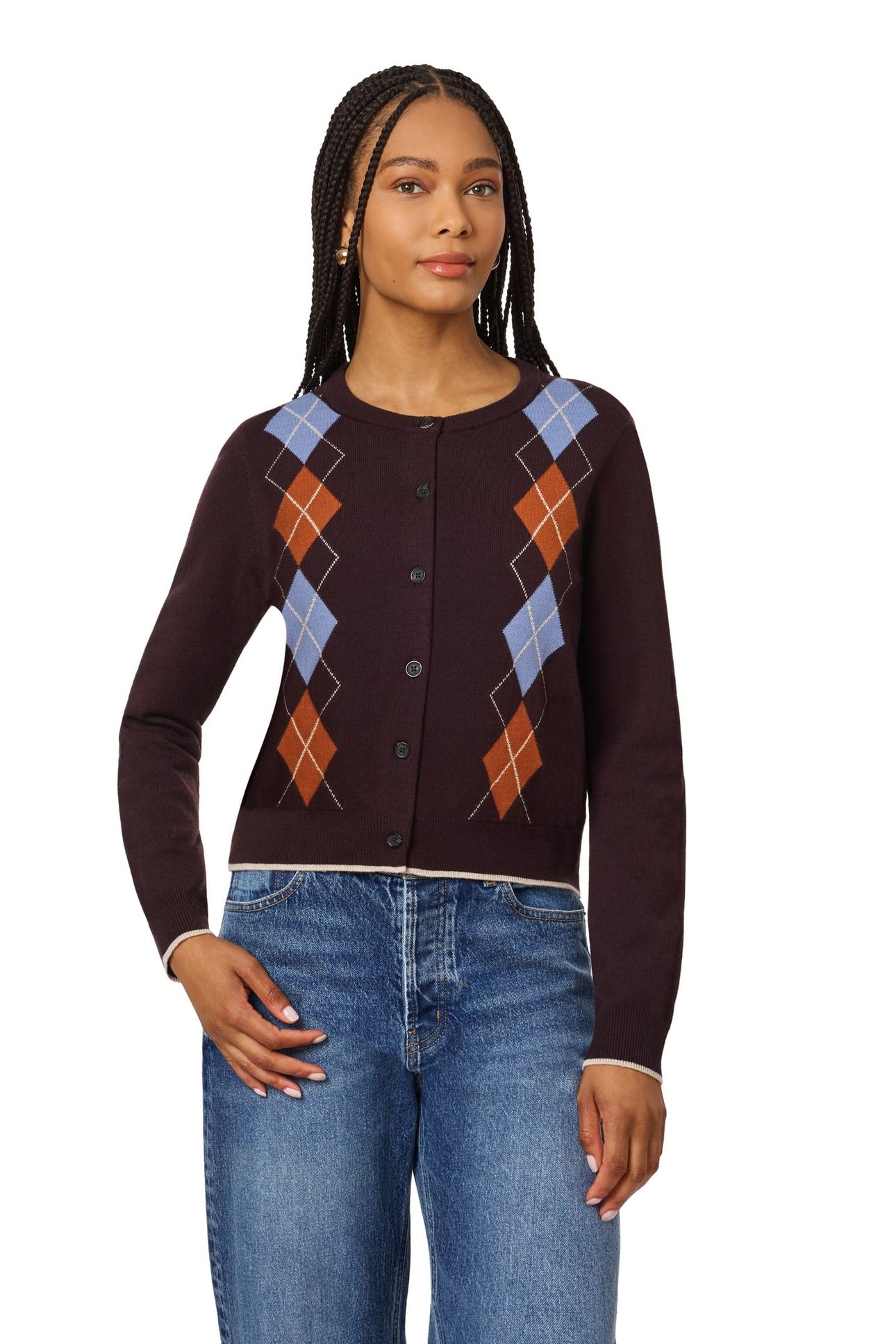 CREW NECK CARDIGAN SEAL BROWN/ STONEWASH / CARAMEL CAFÉ 6