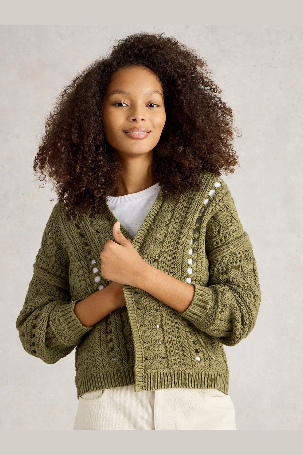 CASEY CROCHET CARDI KHAKI GREEN 2