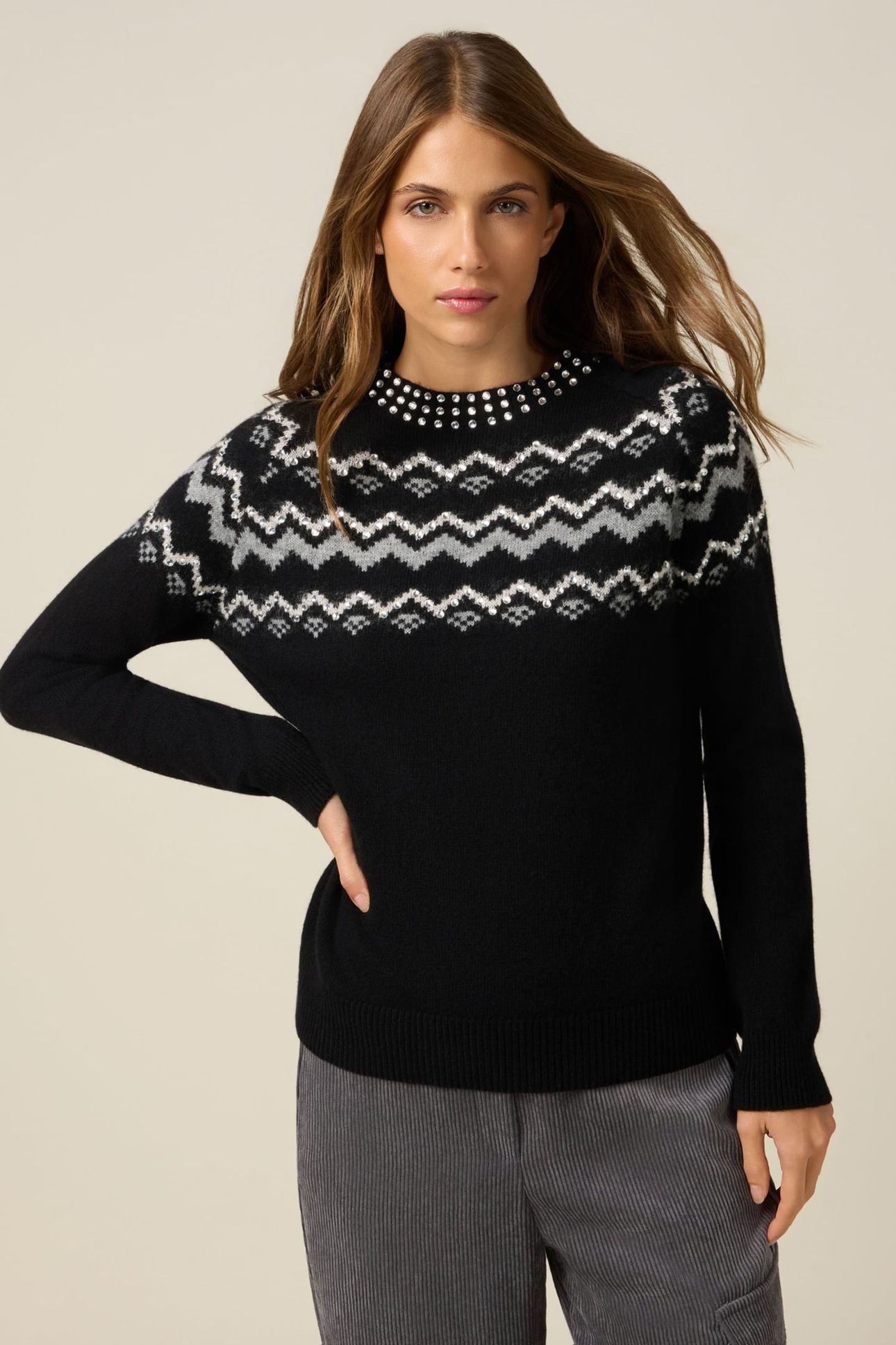MIXED WOOL JACQUARD SWEATER WITH APPLIQUÉS BLACK 1