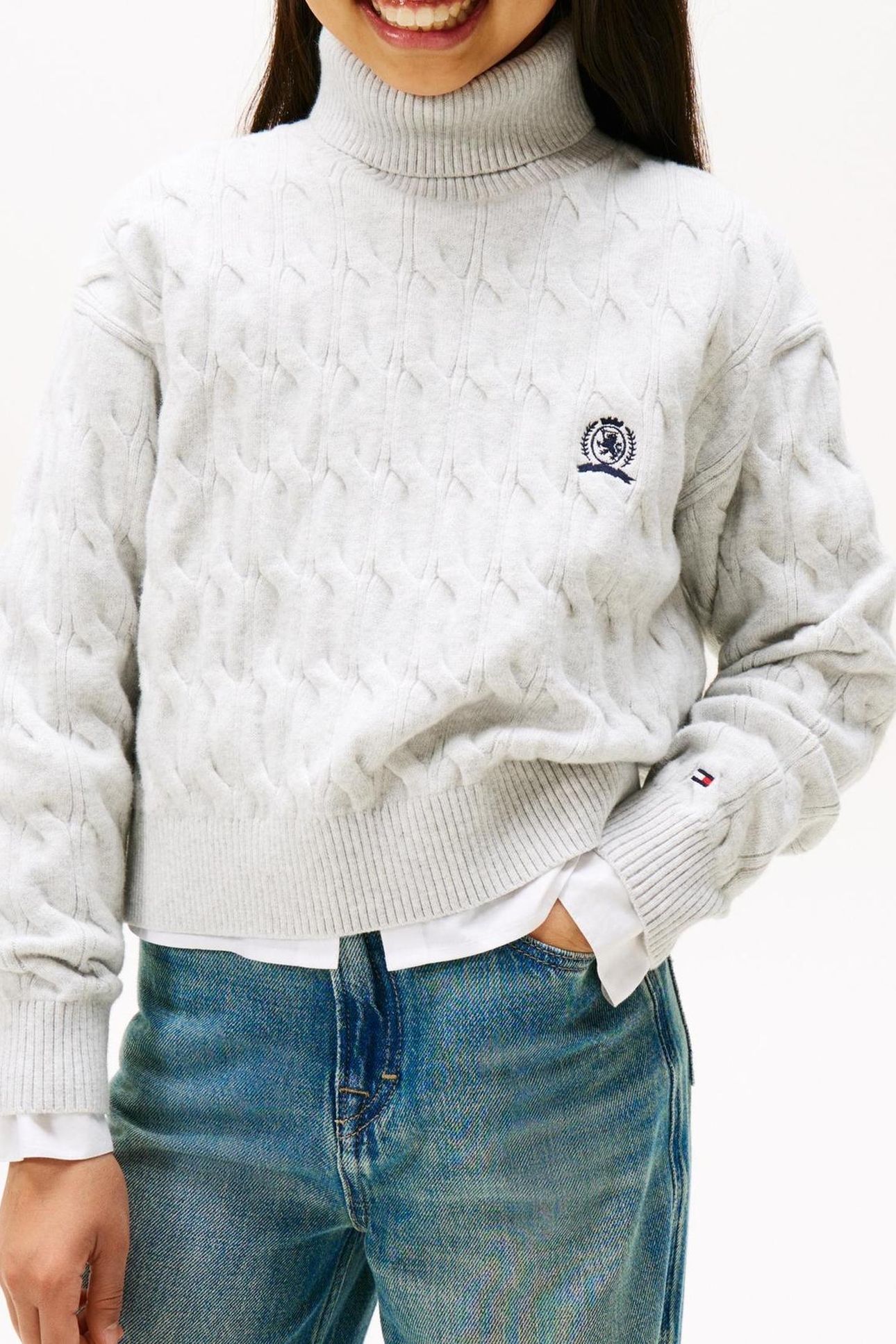 GIRLS CREST CABLE TURTLE NECK LIGHT GREY HEATHER 1
