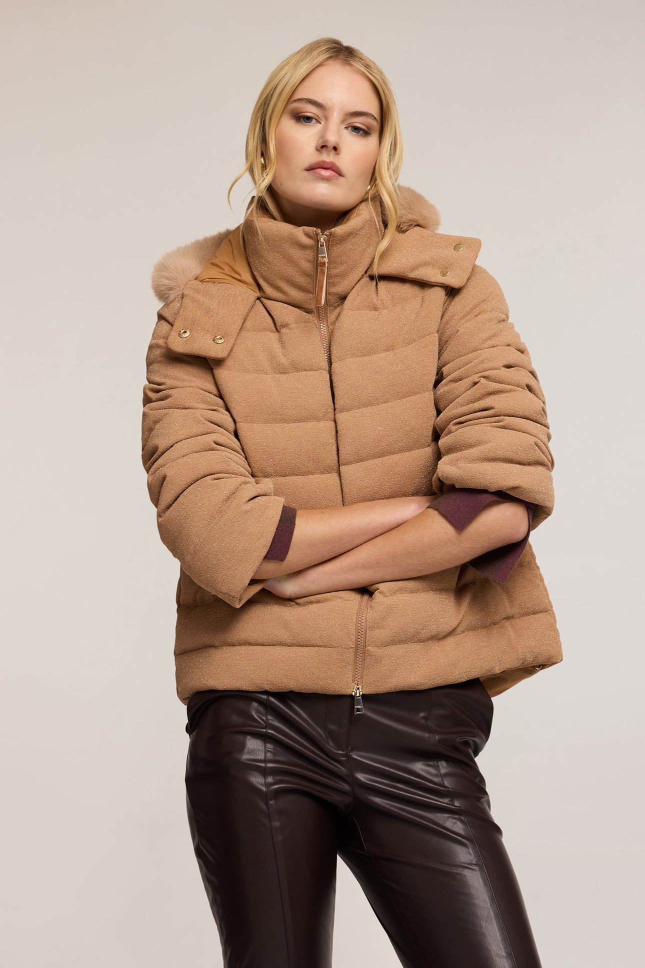 HEAVY GLITTERY DOWN JACKET WITH HOOD BEIGE 1