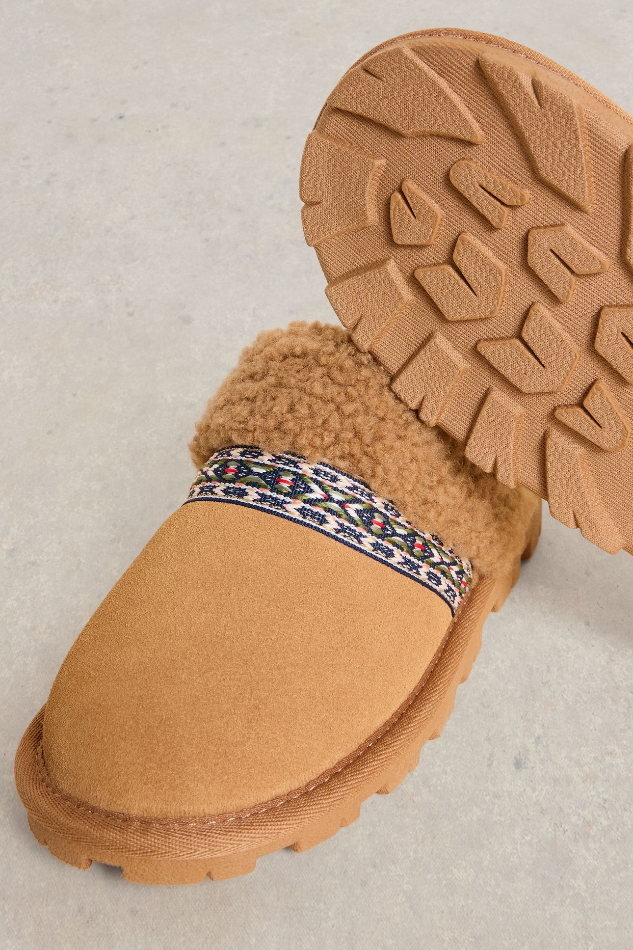 SUEDE SHEARLING SLIPPER MULE TAN MULTI 3