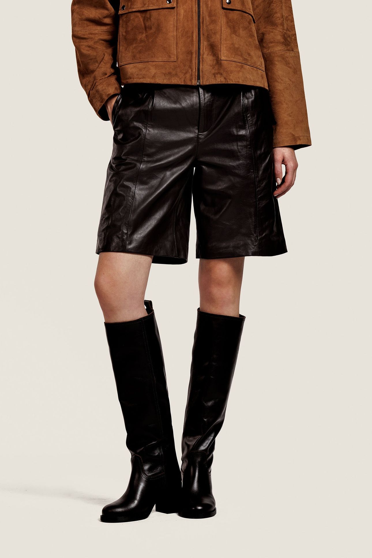 IZZY LEATHER BERMUDA TROUSER DARK BROWN 2
