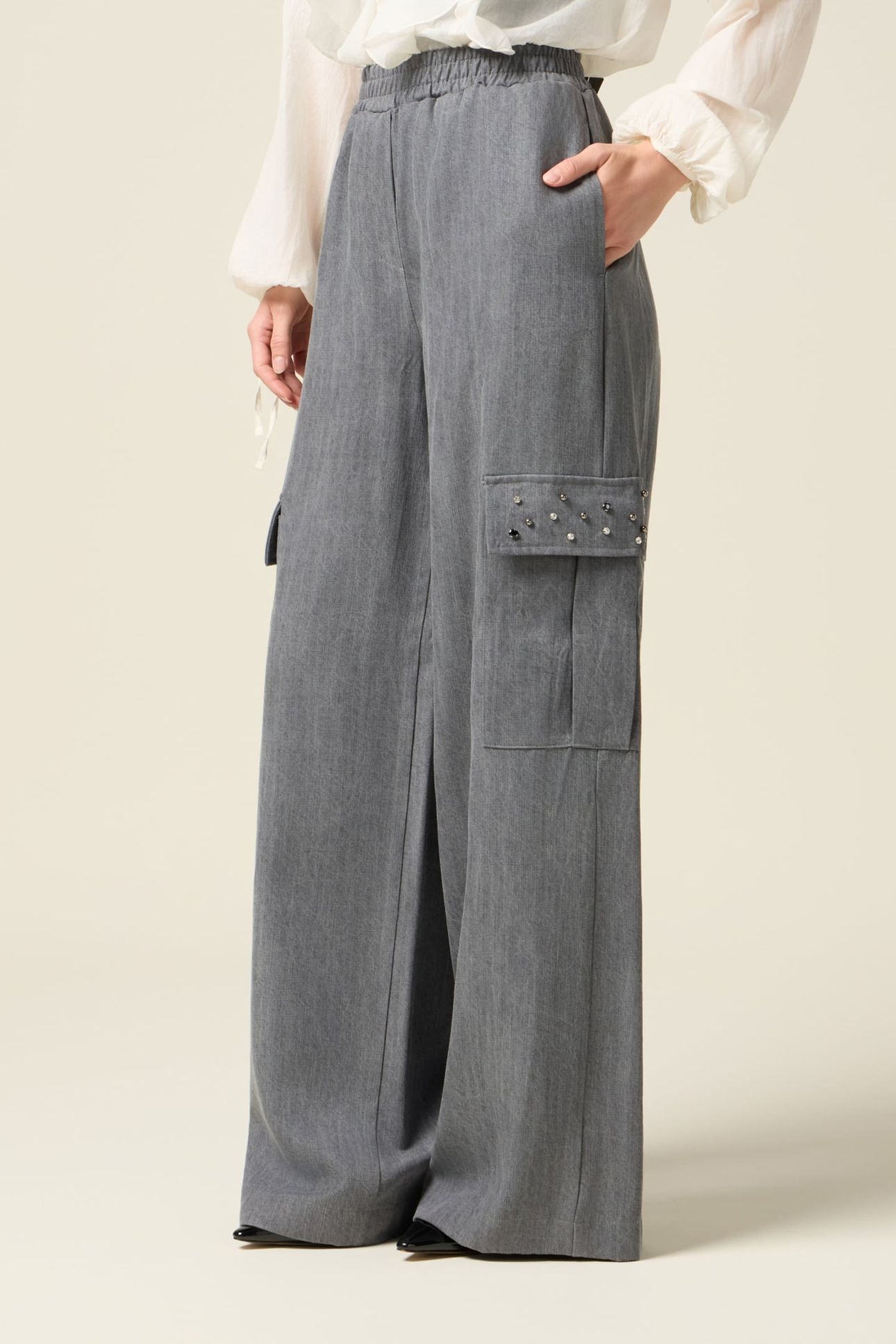 TENCEL CARGO PANTS WITH STONES GREY 1
