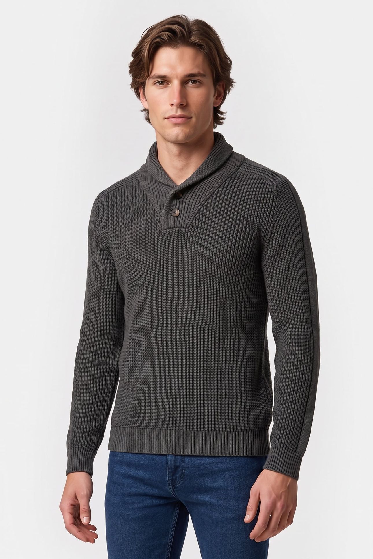 RIBBED SHAWL NECK JUMPER CHARCOAL GREY 1